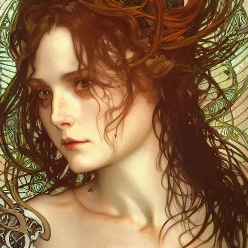 Prompt: realistic detailed face portrait of Hades by Alphonse Mucha, Ayami Kojima, Amano, Charlie Bowater, Karol Bak, Greg Hildebrandt, Jean Delville, and Mark Brooks, Art Nouveau, Neo-Gothic, gothic, dark ominous colors