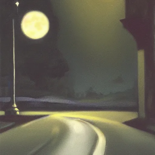 Image similar to a black cat in the middle of a road with streetlight at mid night with the moon in the back. Made by Jason Degraaf, Edward Hopper, Don Eddy. Hyper realistic, unreal 5, artstation, high detail.