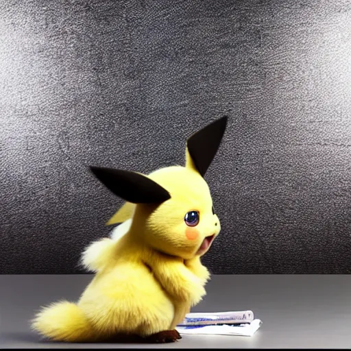 Prompt: model cute detective pikachu sneezing at a model photoshoot studio lighting by annie leibovitz