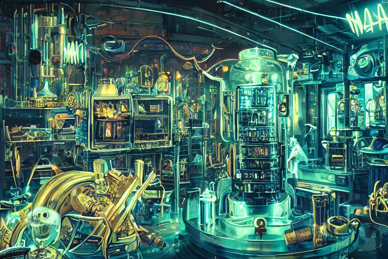 Prompt: wide angle on mad steampunk laboratory filled with alchemy equipment, pespective, giant screens, sci - fi vending machine, art by victo ngai, dynamic light, volumetric light, neon lights, cinematic mood