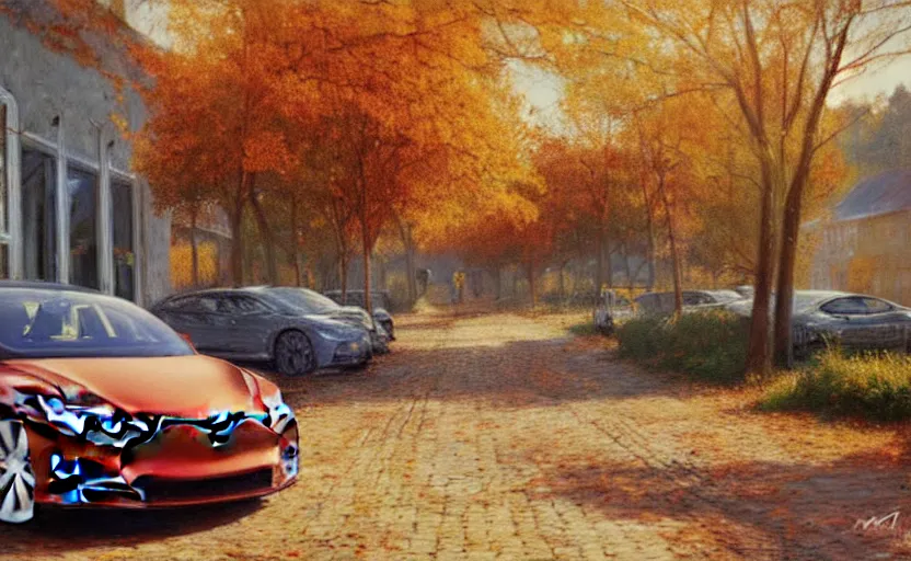 Prompt: new tesla model s on an autumn street by peder mørk mønsted