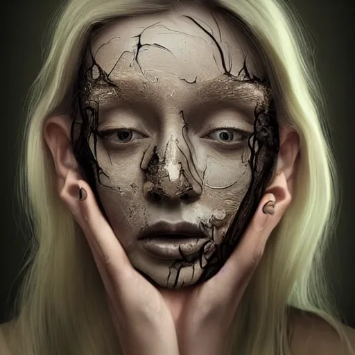 Image similar to beautiful woman peeling off her face in the mirror, revealing the true ugliness in her soul, moody, dark, sad, digital art, hyper detailed, unsettling, bizarre,