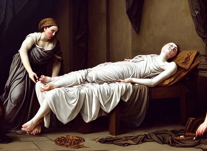 Image similar to this sorrowful picture illustrates the poignant death of lucretia which led to a revolt that overthrew the monarchy and established the republic of rome. hyperrealism, intricate details, trending on artsation