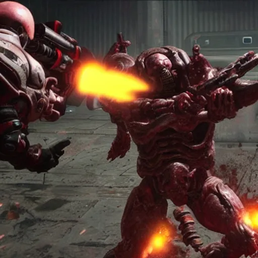 Image similar to real life doom slayer walking on human bloody dead bodies, shooting with heavy bolt rifle towards demons