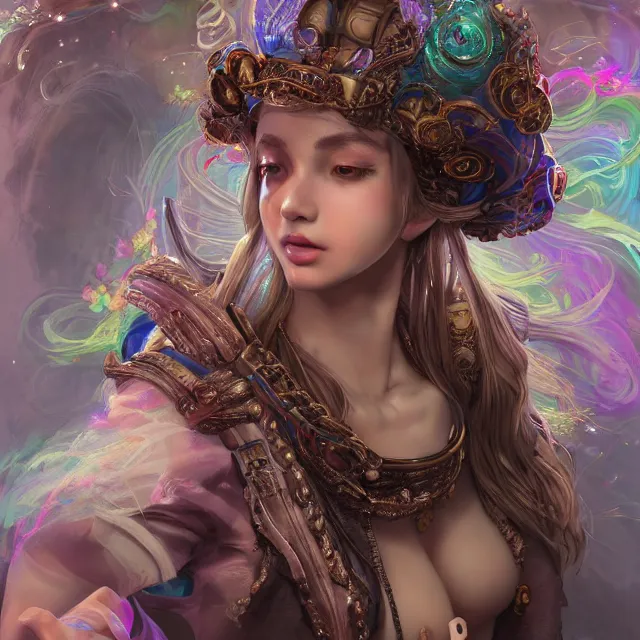 Prompt: studio portrait of neutral good rainbow colorful female cleric bard healer as absurdly beautiful, elegant, realistic young gravure idol looking up, an ultrafine hyperdetailed illustration by kim jung gi, irakli nadar, intricate linework, detailed symmetrical faces, super sharp focus, bright colors, octopath traveler, unreal engine 5 highly rendered, global illumination, radiant light