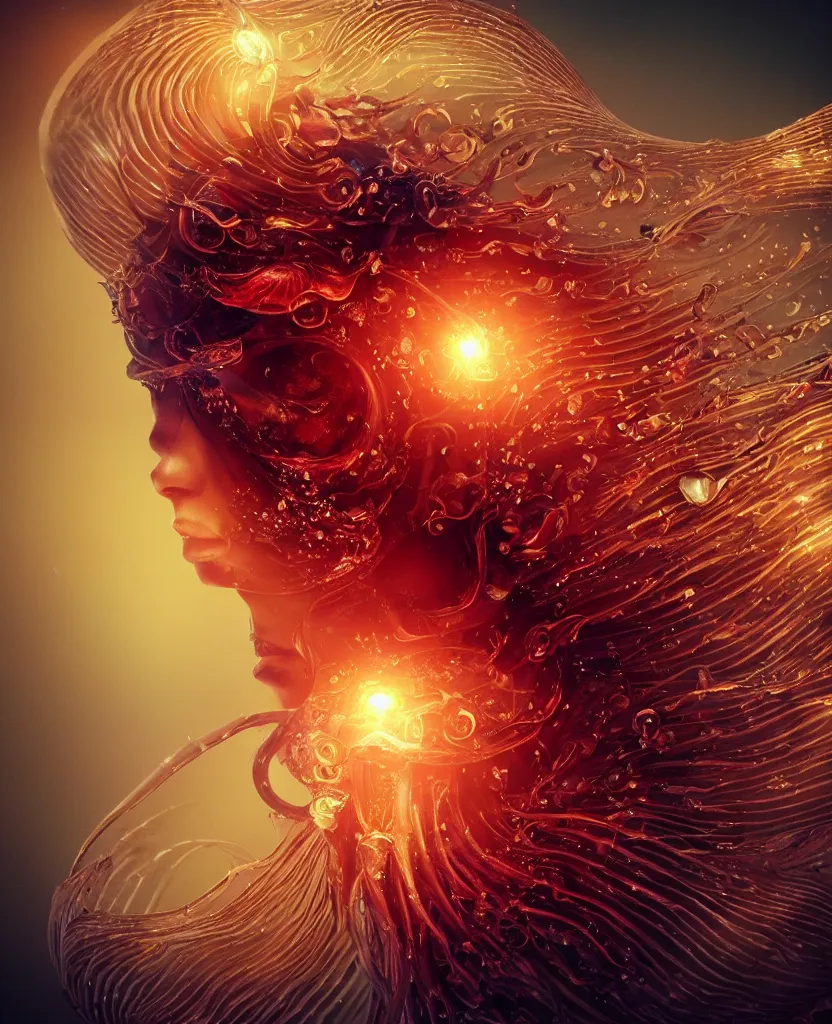 Image similar to close-up macro portrait of the face of a beautiful princess, epic angle and pose, symmetrical artwork, 3d with depth of field, blurred background, cybernetic jellyfish female face skull phoenix bird, translucent, nautilus, energy flows of water and fire. a highly detailed epic cinematic concept art CG render. made in Maya, Blender and Photoshop, octane render, excellent composition, cinematic dystopian brutalist atmosphere, dynamic dramatic cinematic lighting, aesthetic, very inspirational, arthouse. y Greg Rutkowski, Ilya Kuvshinov, WLOP, Stanley Artgerm Lau, Ruan Jia and Fenghua Zhong