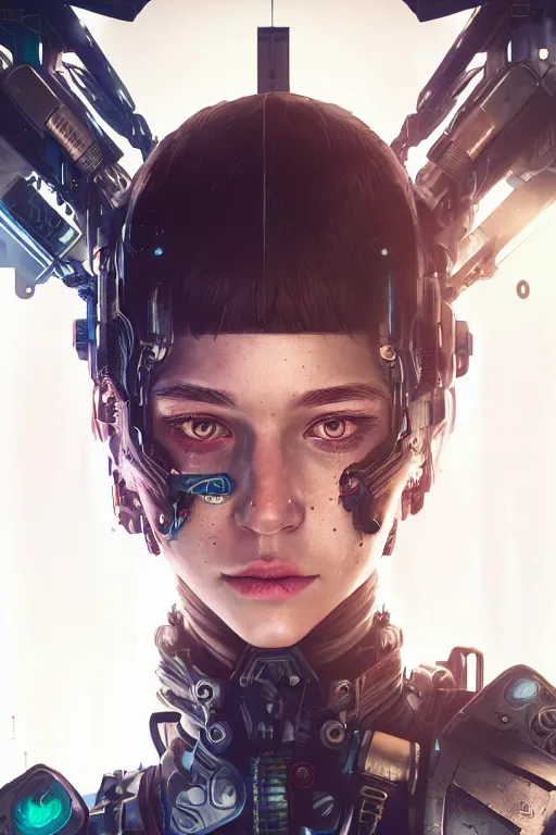 Image similar to beautiful close - up portrait of a cyborg mercenary girl, art by wlop and liam wong, cyberpunk, neon, combat armor, head and shoulders, long hair, intricate details, trending on artstation, sharp focus, caustics, octane render, radiant light, 4 k