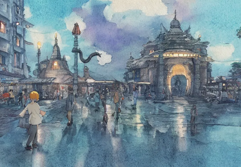 Image similar to a hyperrealist watercolor concept art from a studio ghibli film showing a giant grey dumbo the elephant. a temple is under construction in the background in india on a misty and starry night. by studio ghibli. very dull muted colors