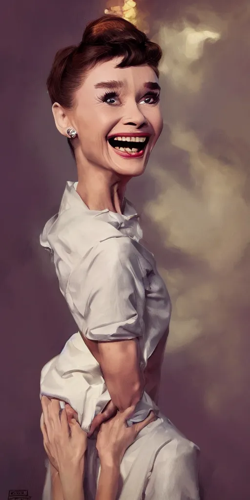 Image similar to Every Audrey Hepburn ever laughing at you, Darek Zabrocki, Karlkka, Jayison Devadas, Phuoc Quan, trending on Artstation, 8K, ultra wide angle, pincushion lens effect