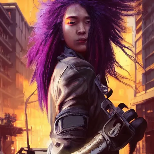 Image similar to portrait painting of a street samurai with long purple hair riding a motorcycle through a burning cyberpunk slum, glitchwave, ultra realistic, concept art, intricate details, eerie, highly detailed, photorealistic, octane render, 8 k, unreal engine. art by artgerm and greg rutkowski