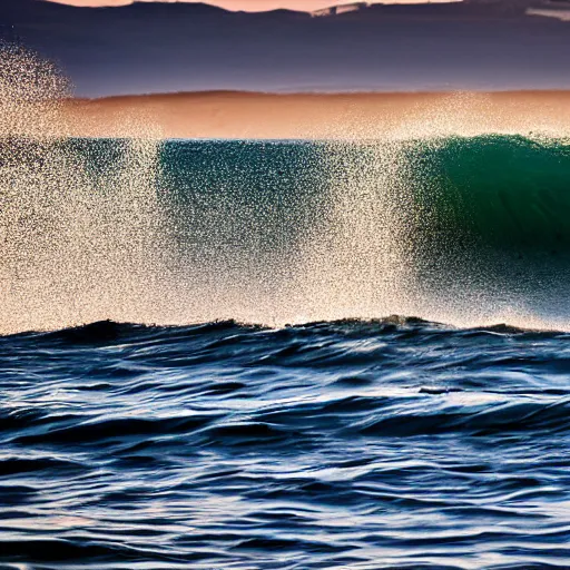 Image similar to perfect wave breaking in shallow clear water front view, hollister ranch, offshore winds, kelp, islands on horizon, oil dereks on horizon, late afternoon, fall, central california