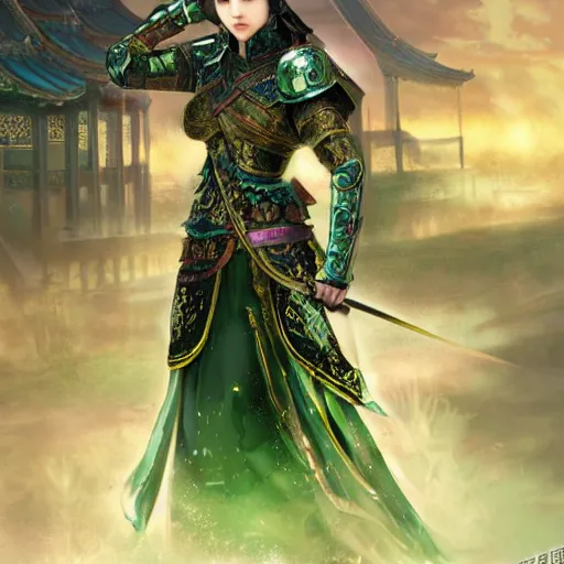 Image similar to portrait black hair young knights of Dynasty Warriors girl, metallic green armor, in ruin fire chinese palace sunrise, ssci-fi and fantasy, intricate and very beautiful and elegant, highly detailed, digital painting, soft light, artstation, concept art, smooth and sharp focus, illustration, art by tian zi and WLOP and alphonse mucha