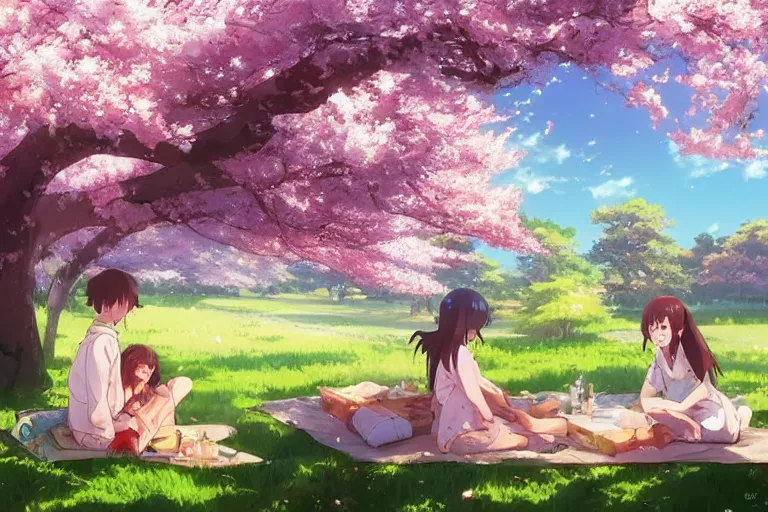 Prompt: a boy and a girl picnicking under a Sakura tree on a hill. By Makoto Shinkai, Stanley Artgerm Lau, WLOP, Rossdraws, James Jean, Andrei Riabovitchev, Marc Simonetti, krenz cushart, Sakimichan, trending on ArtStation, digital art.