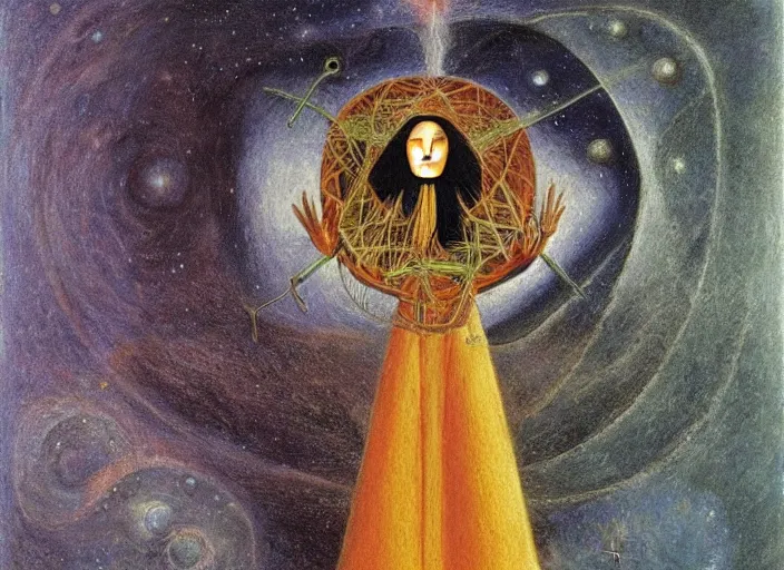Prompt: a shaman! woman holding up the cosmic universe, by remedios varo, reflection, symbolist, pastel colors, dramatic lighting, smooth, sharp focus, extremely detailed, aesthetically pleasing composition