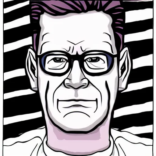 Image similar to Hank Hill, by Escher, portrait black and white, background DMT colors, drawing