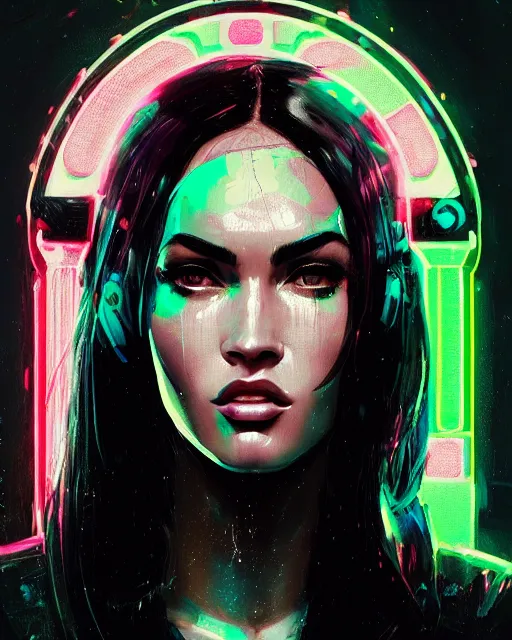 Image similar to detailed portrait Megan Fox Neon Operator Girl, cyberpunk futuristic neon, reflective puffy coat, decorated with traditional Japanese ornaments by Ismail inceoglu dragan bibin hans thoma greg rutkowski Alexandros Pyromallis Nekro Rene Maritte Illustrated, Perfect face, fine details, realistic shaded, fine-face, pretty face