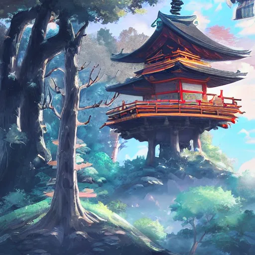 Image similar to a beautiful painting of detailed japanese treehouse shrine, breath of the wild, hyrule, inspired by cyril rolando, david wiesner, ornate, intricate, emitting light ornaments, volumetric lighting, cgsociety, alizarin red, brick red