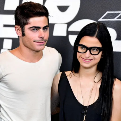 Prompt: A young Israeli female journalist with black hair and fancy glasses interviewing Zac Efron