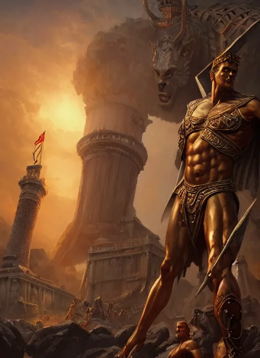 Image similar to the colossus of rhodes, epic fantasy horror digital matte painting by steve henderson and mark brooks ( and greg rutkowski ), extremely detailed, artstation