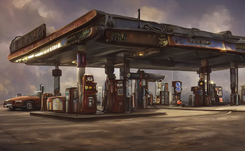 Image similar to steampunk gas station in space, 4 k, polished, photorealistic, hard edges, zoomed in, very coherent, sharp focus, rim light, exquisite lighting, hard edges, sci - fi, cinematic, game art, octane