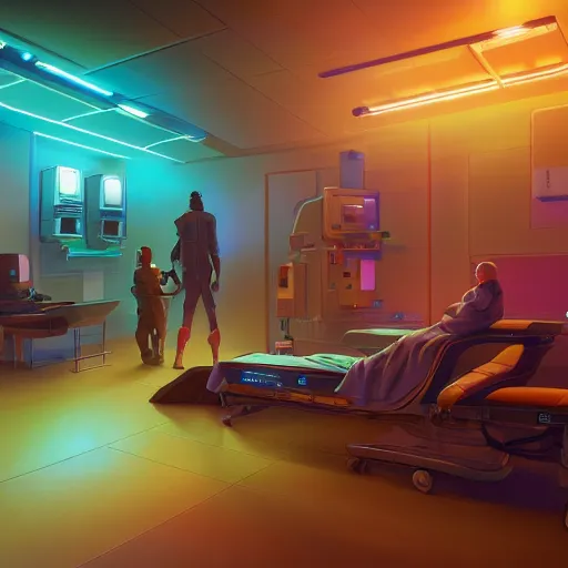 Prompt: a beautiful painting of a futuristic cyberpunk hospital room, atmospheric lighting, olumetric lighting, beautiful, rich deep colours masterpiece, golden hour, sharp focus, ultra detailed, concept art by Dan Mumford and marc simonetti Trending on artstation