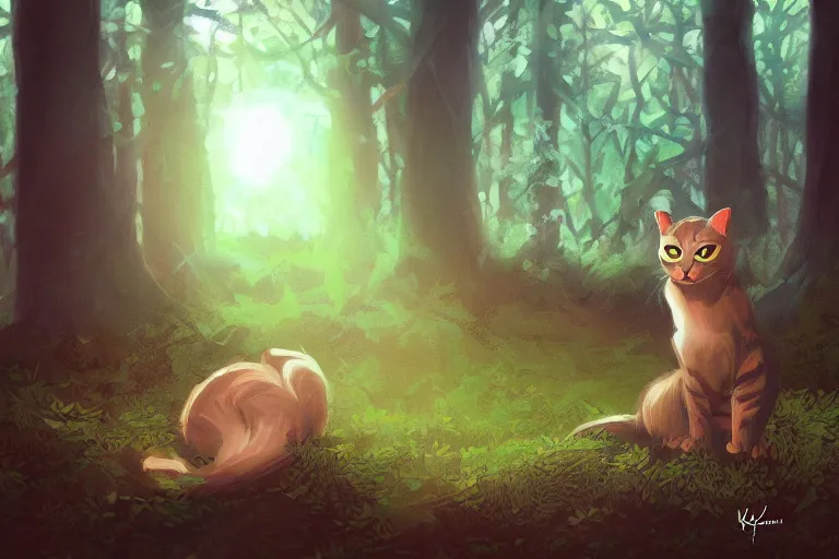 Image similar to cat in the forest, warm backlighting, digital art, trending on artstation, fanart, by kawacy