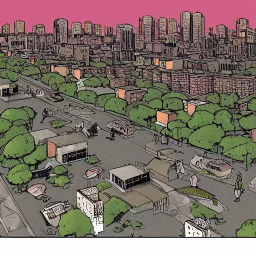 Image similar to brutalist polish neighborhood in the style of pushead and “ geoff darrow ” detailed widescreen