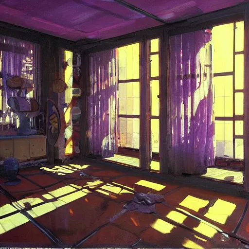 Prompt: painting of syd mead artlilery scifi soviet apartment with ornate metal work, ornate fence, volumetric lights, purple sun, andreas achenbach