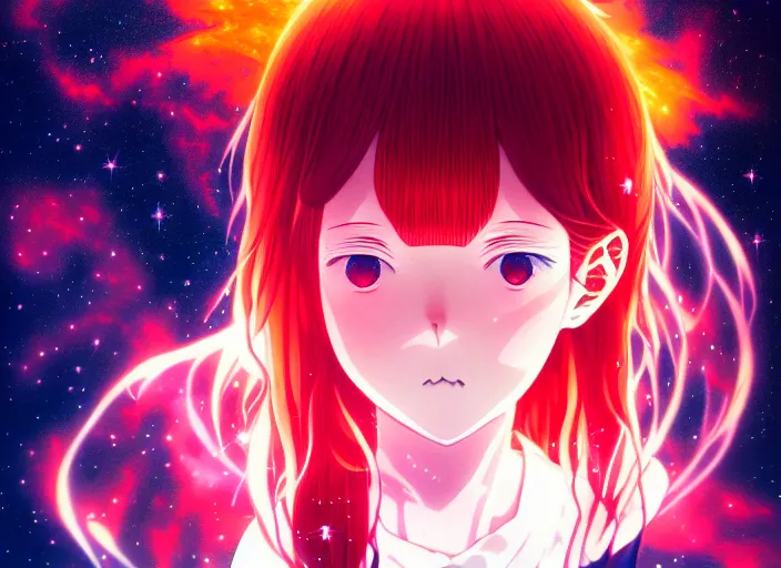 Image similar to anime portrait of a young girl floating inside a nebula, Karolis Strautniekas,omoide emanon, tsuruta kenji, murata range,kawaii, kyoto animation, manga, intricate, detailed, studio lighting, orange red black white, gradation,editorial illustration, matte print, Ilya Kuvshinov