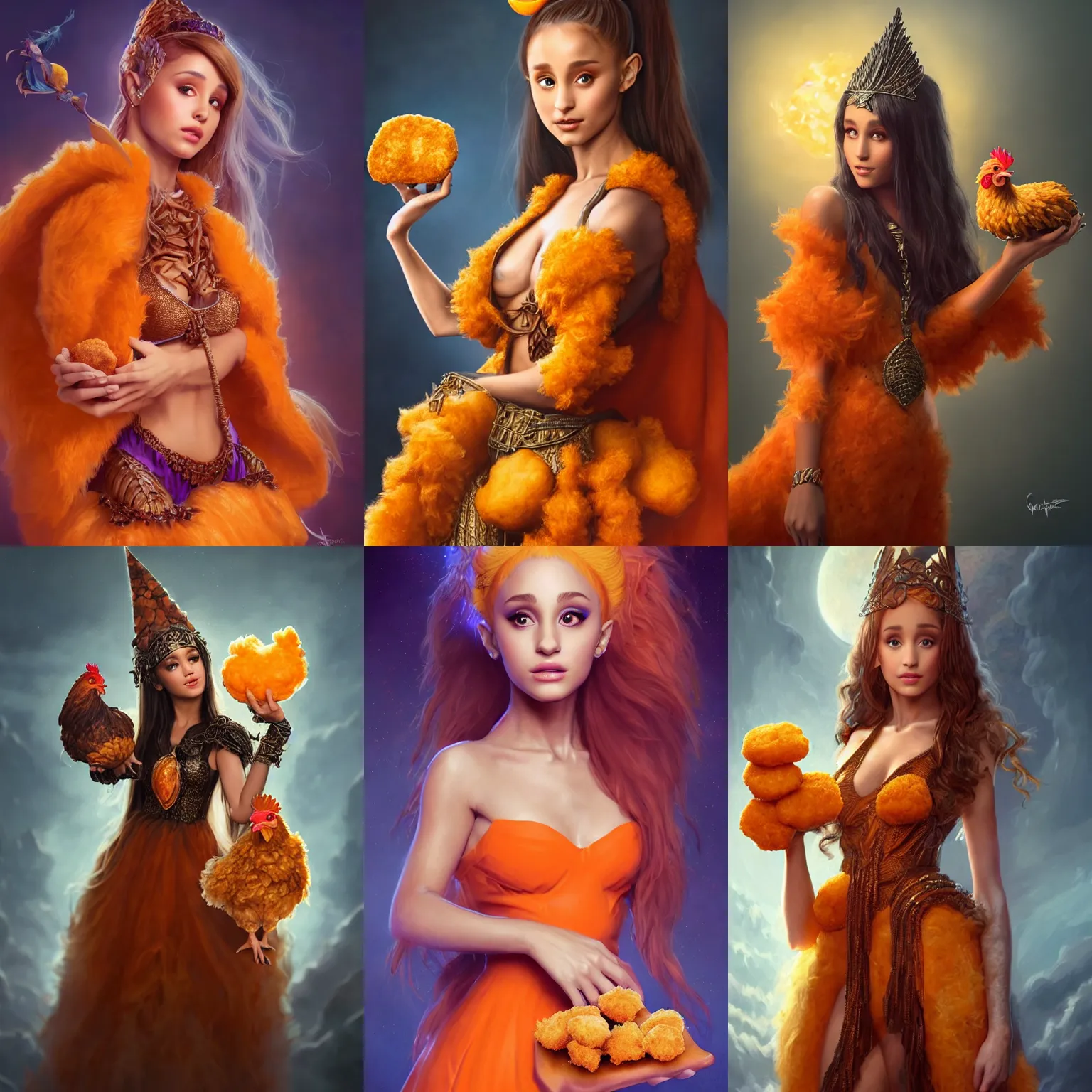 Prompt: ultrarealistic fantasy portrait sorceress ariana grande holding a chicken nugget, orange dress made out of ( chicken nuggets ) ( chicken nugget ) mantle gothic ( chicken nugget ) cloak with intricate details, fantasy character octane render, cinematic lighting, volumetric lighting, artstation, dnd art, cgsociety, sharp focus, digital painting by artgerm, gerald brom, wlop