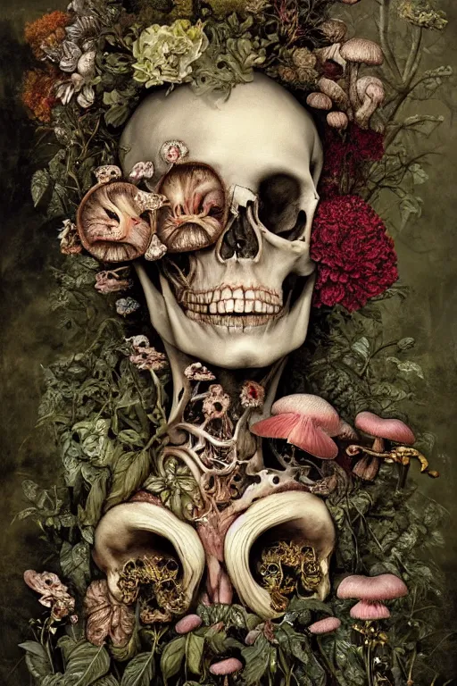 Image similar to a beautiful detailed rococo of a rotten woman corpse becoming almost a skull with face muscles, veins, arteries, fractal plants and fractal flowers and mushrooms growing around, intricate, ornate, surreal, ray caesar, john constable, guy denning, dan hillier