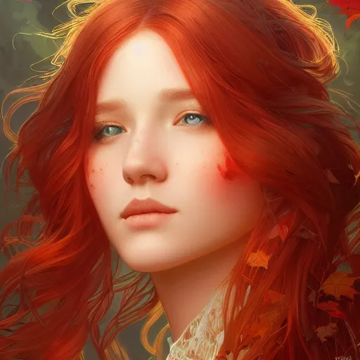 Prompt: girl with super long hair, hair becoming autumn red leaves, intricate, highly detailed, digital painting, artstation, concept art, smooth, sharp focus, illustration, unreal engine 5, 8 k, art by artgerm and greg rutkowski and alphonse mucha