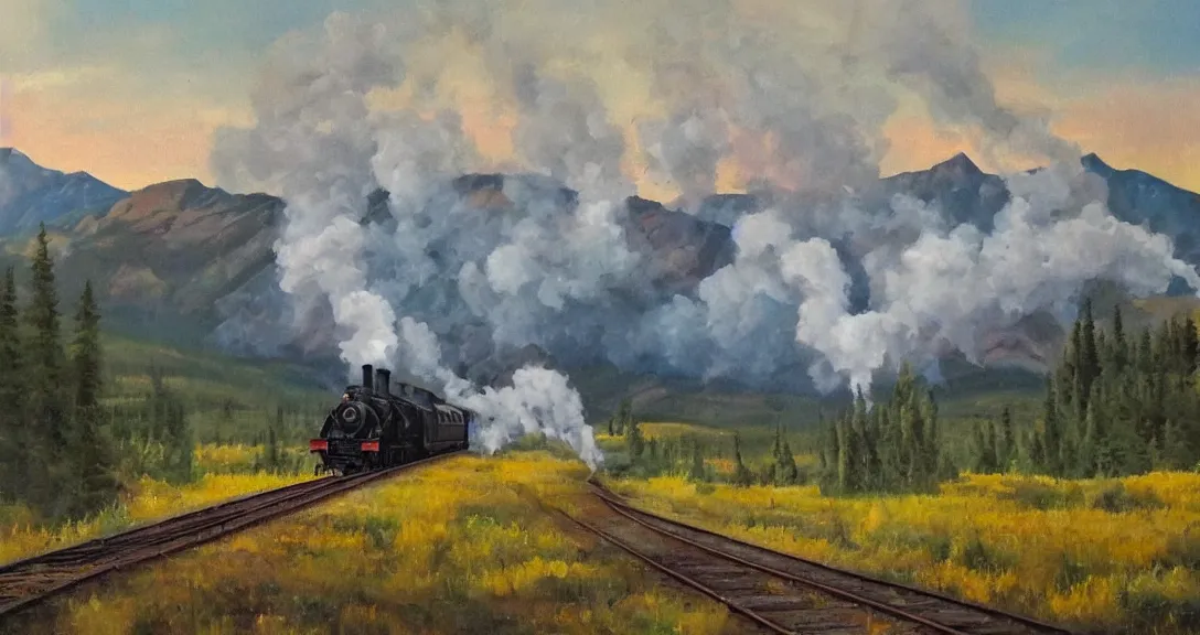 Image similar to a steam train in the distance, rocky mountains!, smoke in the distance!, beautiful, by norman wilson, oil painting, valley!