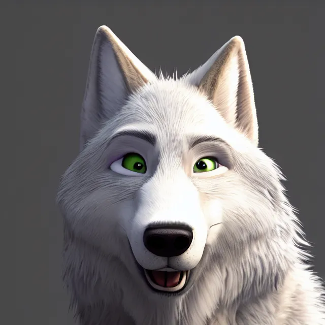 Image similar to portrait headshot of a handsome male white wolf in the style of zootopia, disney, volumetric lighting, subsurface scattering, photorealistic, octane render, random artists