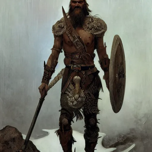 Image similar to rough-skinned, short-bearded undead Viking draugr warrior with ice-pale skin wearing brutalist plate armor with art deco knotwork, by Greg Rutkowski, Brom, and Alphonse Mucha