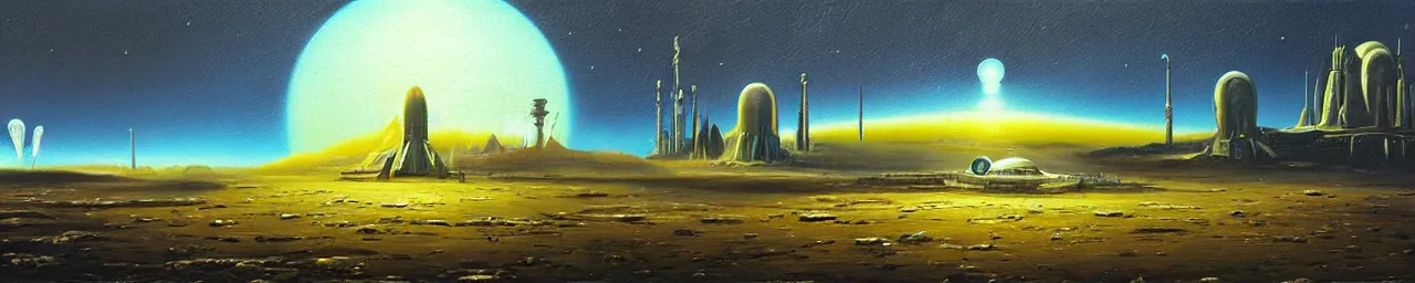 Image similar to retro sci-fi oil painting of an alien landscape with a busy spaceport