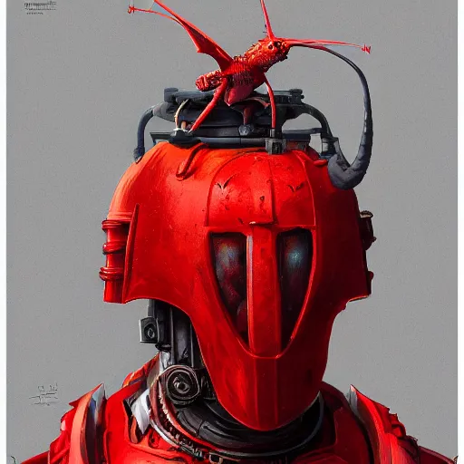 Prompt: red kon - dam with spiked and long mandible droid bird helmet anthropomorphic. zoidberg, dynamic pose. science fiction, portrait by donato giancola and greg rutkowski and wayne. hyper detailed. rendered in 3 0 0 0 cycles. top all time r / imaginarycyberpunk.