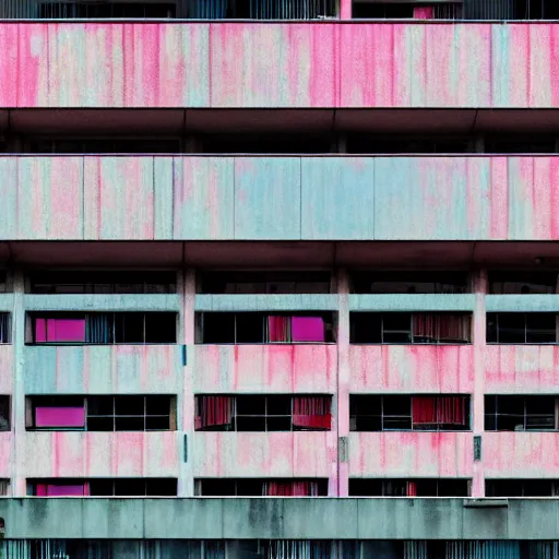 Image similar to brutalist building with touches of cyan and pink. moody and melanchony