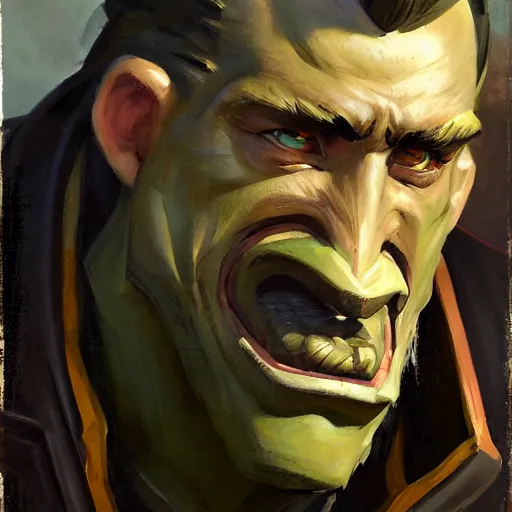 Image similar to greg manchess close - up portrait painting of a handsome older male dieselpunk orc with olive green skin as an overwatch character, medium shot, asymmetrical, profile picture, organic painting, sunny day, matte painting, bold shapes, hard edges, street art, trending on artstation, by huang guangjian and gil elvgren and sachin teng