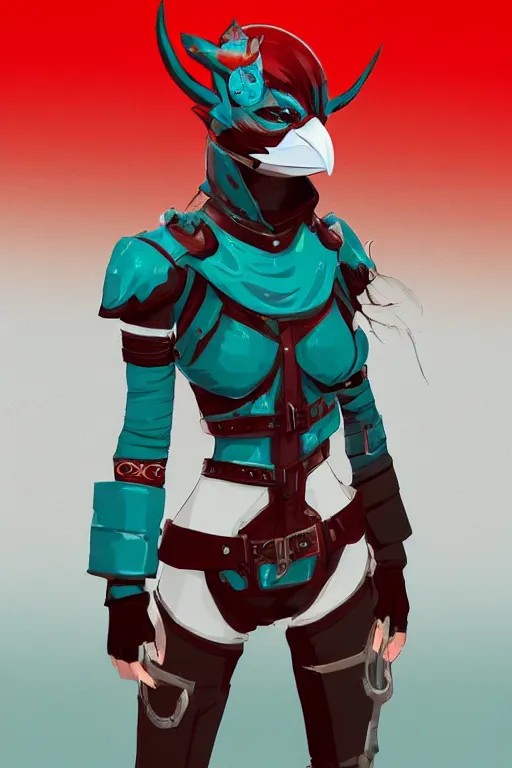 Image similar to female adventurer in tight full - body teal leather armor of japanese design with red accents and a white porcelain crow mask, trending in artstation, japanese, artstation, big moon in the background, establishing shot