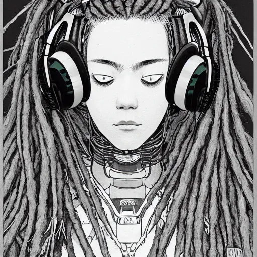 Image similar to a beautiful ukiyo painting of robot with dreadlocks and headphones in profile view, wearing space techwear, detailed symmetrical close up portrait, intricate complexity, by takato yamamoto, wlop, krenz cushart. cinematic dramatic atmosphere, sharp focus