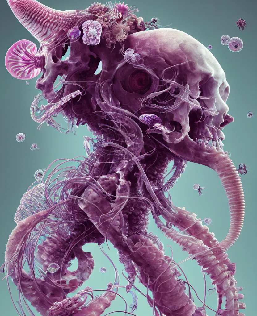 Image similar to goddess close-up portrait ram skull, thorax, x-ray, backbone, jellyfish phoenix head, nautilus, orchid, skull, betta fish, bioluminiscent creatures, intricate artwork by Tooth Wu and wlop and beeple. octane render, trending on artstation, greg rutkowski very coherent symmetrical artwork. cinematic, hyper realism, high detail, octane render, 8k