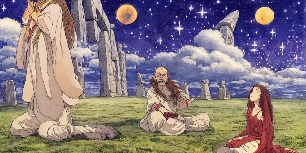 Image similar to a hyperrealist studio ghibli watercolor fantasy concept art of a giant long haired medieval monk in lotus position in stonehenge with a starry sky in the background. a giant alien starship from independence day ( 1 9 9 6 ) is floating in the air. by rebecca guay, michael kaluta, charles vess