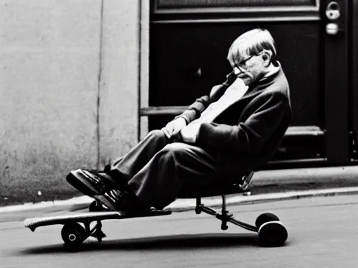 Prompt: Stephen hawking on a skateboard