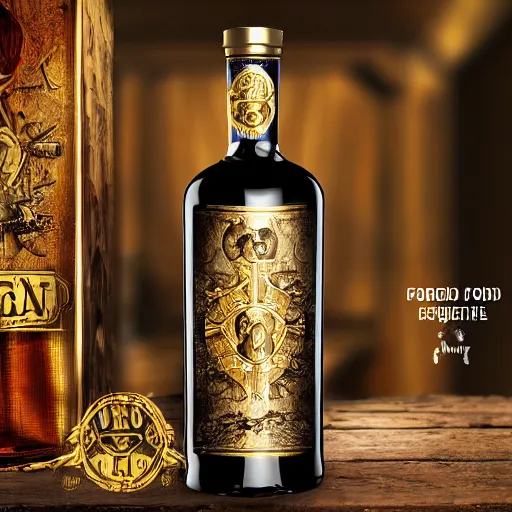 Prompt: pirate inspired rum packaging design, dark rum, gold foil, detailed, label and bottle, premium quality, front view, glass bottle, packaging design