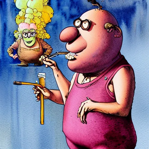 Prompt: a realistic and atmospheric watercolour fantasy character concept art portrait of mr. potato head with pink eyes wearing a wife beater and smoking a huge blunt by rebecca guay, michael kaluta, charles vess and jean moebius giraud