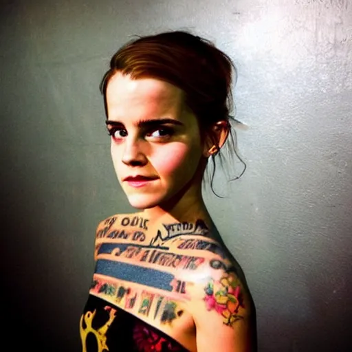 Image similar to emma watson, dope tattoo, hyperrealistic