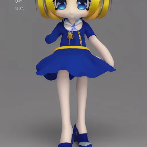 Prompt: cute fumo plush of a girl in a blue and gold dress pointing at the camera, high quality material bssrdf, vray, anime girl