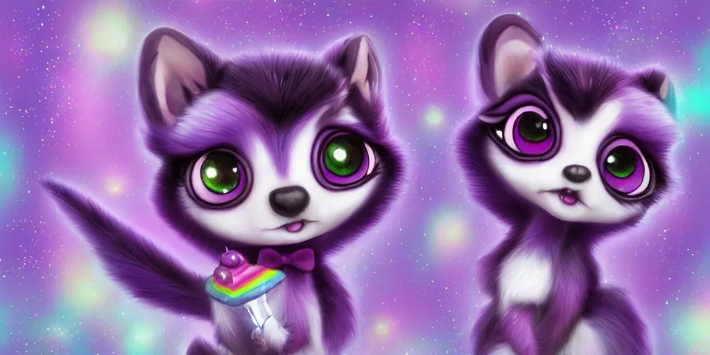 Prompt: 3 d purple - colored littlest pet shop purple raccoon, accessories, glittery wedding, ice cream, gothic, raven, rainbow, smiling, forest, moon, stars, master painter and art style of noel coypel, art of emile eisman - semenowsky, art of edouard bisson