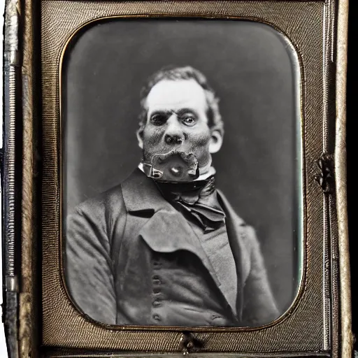 Prompt: 19 century steam punk industrialist orc highly focused detailed daguerreotype photo